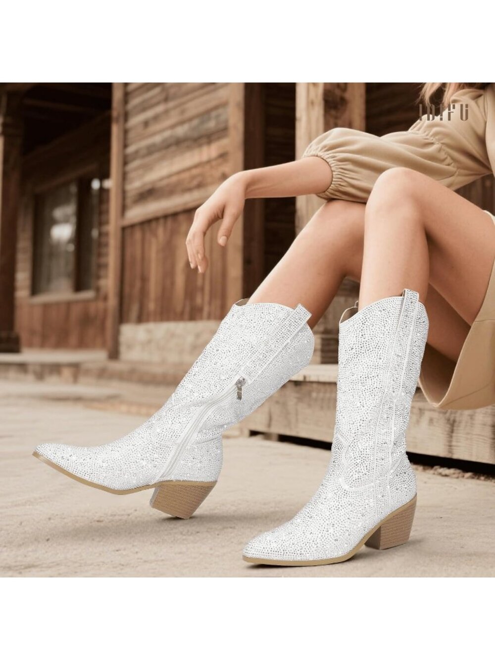 Women's White Rhinestone Mid Calf Sparkly Western Chunky Heel Cowgirl Booties - Picture 2 of 6